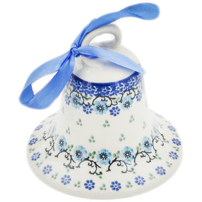 Polish Pottery Bell Ornament 4&quot; Blue Delicate Flower