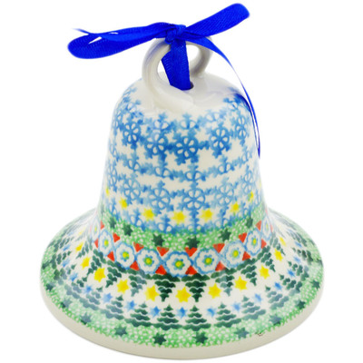 Polish Pottery Bell Ornament 4&quot; Christmas Forest UNIKAT