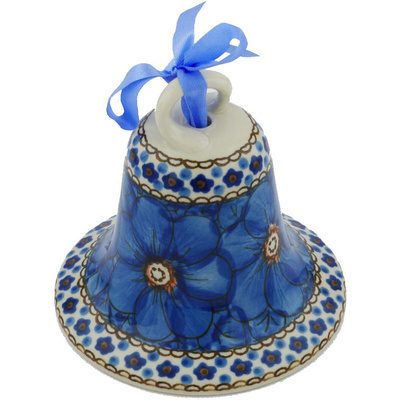 Polish Pottery Bell Ornament 4&quot; Cobalt Poppies UNIKAT