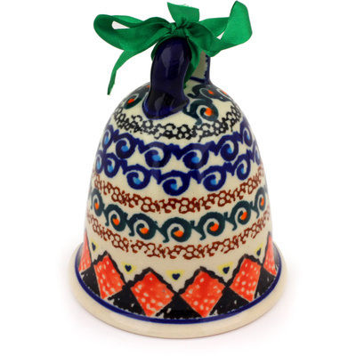 Polish Pottery Bell Ornament 4&quot; Coral Diamonds UNIKAT