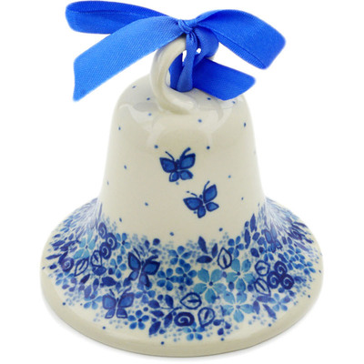 Polish Pottery Bell Ornament 4&quot; Delicate Blue UNIKAT