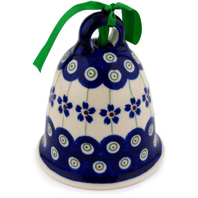 Polish Pottery Bell Ornament 4&quot; Flowering Peacock