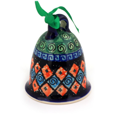 Polish Pottery Bell Ornament 4&quot; Harlequin UNIKAT