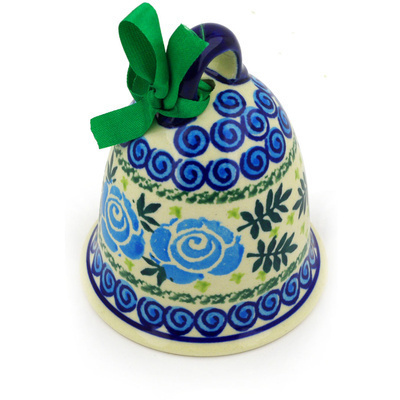 Polish Pottery Bell Ornament 4&quot; Lady Blue Roses UNIKAT