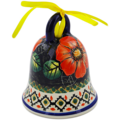 Polish Pottery Bell Ornament 4&quot; Poppy Passion UNIKAT