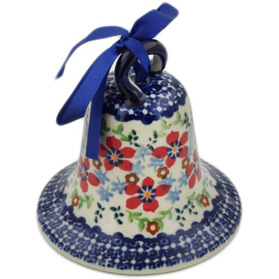 Polish Pottery Bell Ornament 4&quot; Red Flower Meadow