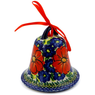 Polish Pottery Bell Ornament 4&quot; Red Star UNIKAT