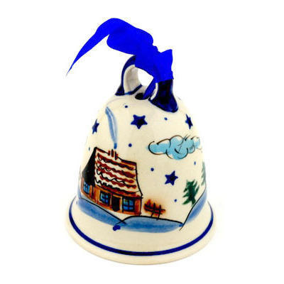 Polish Pottery Bell Ornament 4&quot; Winter Chalet