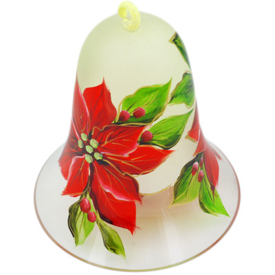 Glass Bell Ornament 5&quot; Frosty Poinsettia