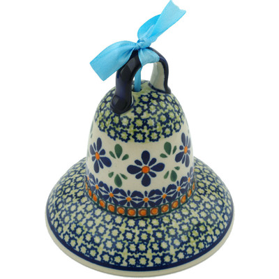 Polish Pottery Bell Ornament 5&quot; Gingham Flowers