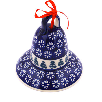 Polish Pottery Bell Ornament 5&quot; Snowflakes And Pines