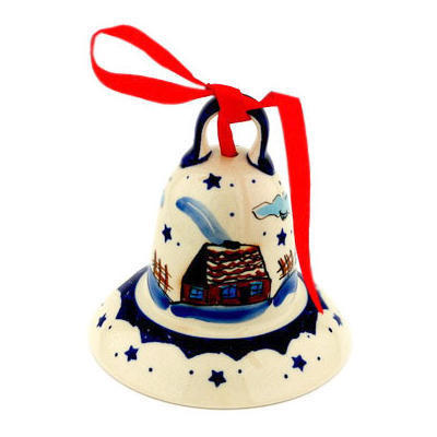 Polish Pottery Bell Ornament 5&quot; Winter Chalet
