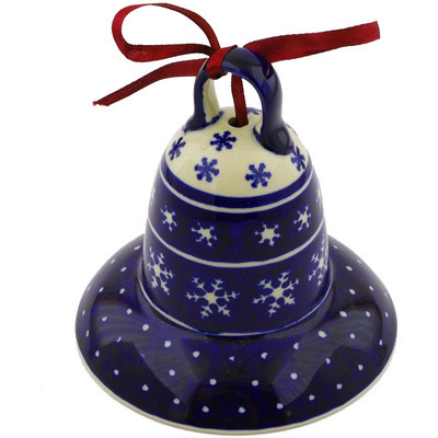 Polish Pottery Bell Ornament 5&quot; Winter Snowflakes