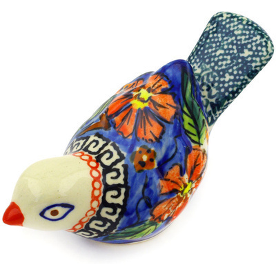 Polish Pottery Bird Figurine 4&quot; Poppies UNIKAT