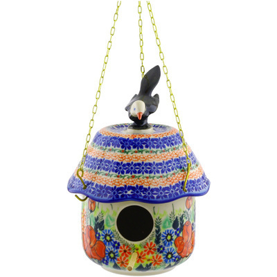 Polish Pottery Birdhouse 10&quot; Bold Poppies UNIKAT