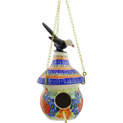 Polish Pottery Birdhouse 10&quot; Bold Poppies UNIKAT