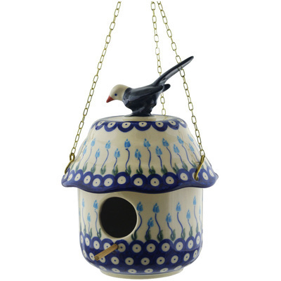 Polish Pottery Birdhouse 10&quot; Peacock Tulip Garden