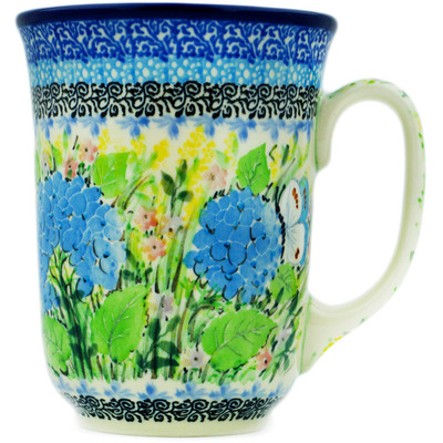 Polish Pottery Bistro Mug Blue Hydrangea UNIKAT