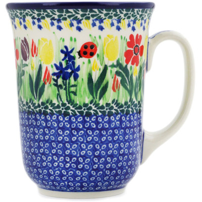 Polish Pottery Bistro Mug Lady Bug Tulips UNIKAT