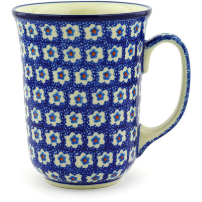 Polish Pottery Bistro Mug White Flowers On Blue