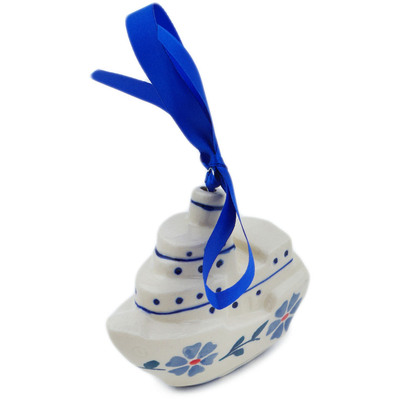 Polish Pottery Boat Ornament 3&quot; Peacock Forget-me-not