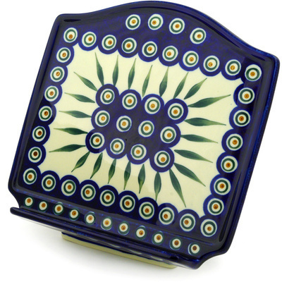 Polish Pottery Book Stand 9&quot; Peacock Leaves