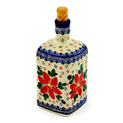 Polish Pottery Bottle 19 oz Snow Coral Zinnias UNIKAT