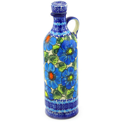 Polish Pottery Bottle 27 oz Bold Blue Poppies UNIKAT