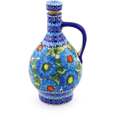 Polish Pottery Bottle 34 oz Bold Blue Poppies UNIKAT