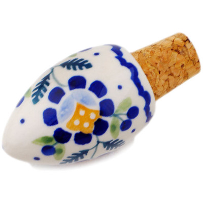 Polish Pottery Bottle Stopper 3&quot; Orange And Blue Flower