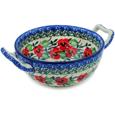 Polish Pottery Bouillon Cup 10 oz Red Pansy