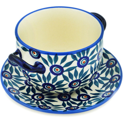 Polish Pottery Bouillon Cup 17 oz Peacock Train UNIKAT