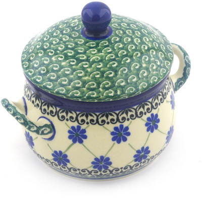 Polish Pottery Bouillon Cup with Lid 12 oz Blue Daisies