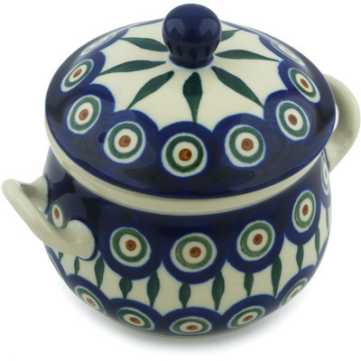 Polish Pottery Bouillon Cup with Lid 12 oz Peacock Leaves