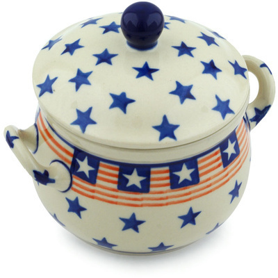 Polish Pottery Bouillon Cup with Lid 12 oz Stars And Stripes