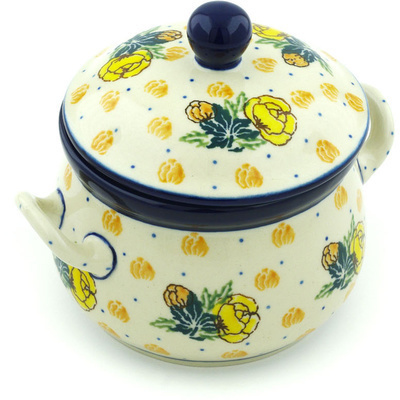 Polish Pottery Bouillon Cup with Lid 12 oz Yellow Rose Of Texas