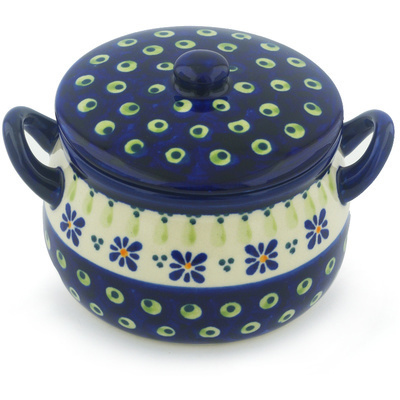 Polish Pottery Bouillon Cup with Lid 13 oz Green Gingham Peacock
