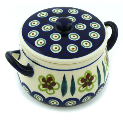 Polish Pottery Bouillon Cup with Lid 13 oz Peacock Garden