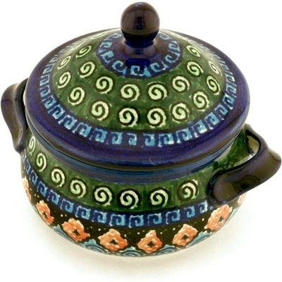 Polish Pottery Bouillon Cup with Lid 14 oz Harlequin UNIKAT