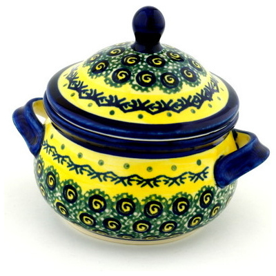 Polish Pottery Bouillon Cup with Lid 14 oz Peacock Bumble Bee