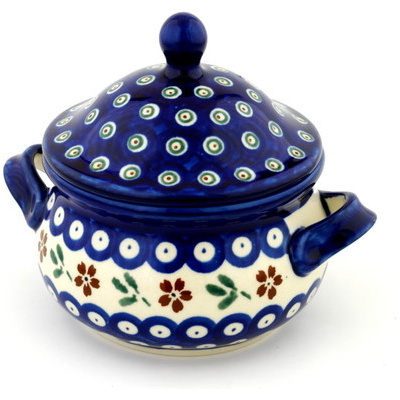 Polish Pottery Bouillon Cup with Lid 14 oz Red Daisy Peacock