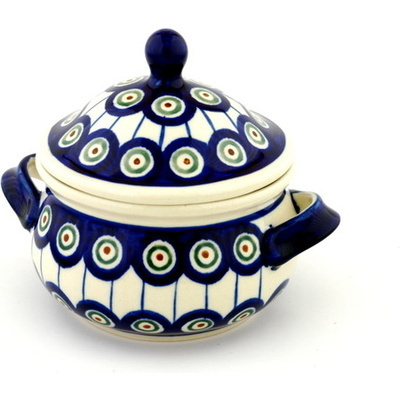 Polish Pottery Bouillon Cup with Lid 14 oz Traditional Peacock
