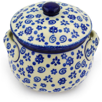 Polish Pottery Bouillon Cup with Lid 15 oz Blue Confetti