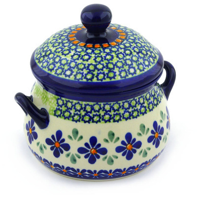 Polish Pottery Bouillon Cup with Lid 17 oz Gingham Flowers
