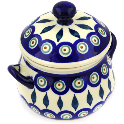 Polish Pottery Bouillon Cup with Lid 17 oz Peacock Leaves
