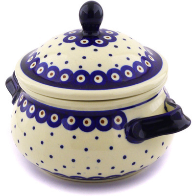 Polish Pottery Bouillon Cup with Lid 30 oz Peacock Dots