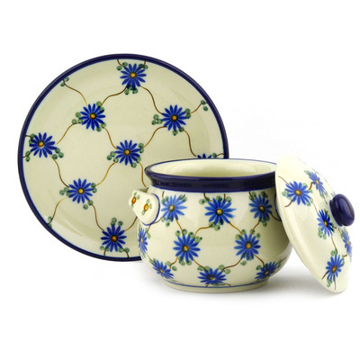 Polish Pottery Bouillon Cup with Lid and Saucer 13 oz Aster Trellis