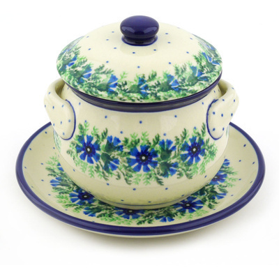 Polish Pottery Bouillon Cup with Lid and Saucer 13 oz Blue Bell Wreath