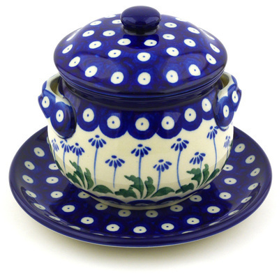 Polish Pottery Bouillon Cup with Lid and Saucer 13 oz Blue Daisy Peacock