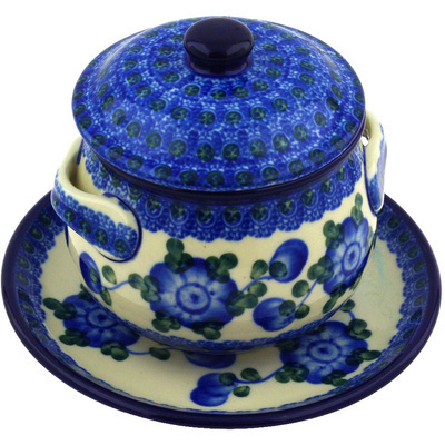 Polish Pottery Bouillon Cup with Lid and Saucer 13 oz Blue Poppies